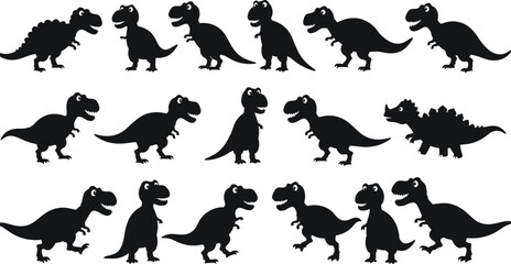 Cartoon dinosaur silhouettes set – cute T-Rex and Stegosaurus vector icons with playful expressions and various poses for kids