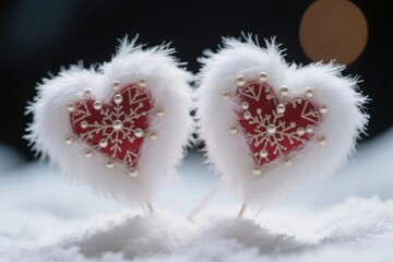 Two fluffy heart-shaped ornaments with red and gold patterns placed in snow