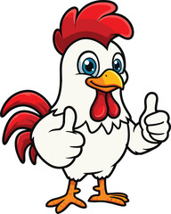 Funny cartoon rooster giving thumbs up, smiling chicken mascot character, vector illustration for farm animal design, poultry food branding