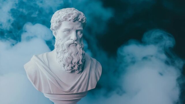 Marble bust of ancient philosopher with curly hair and beard, realistic style, against dark smoky background, concept of classical wisdom