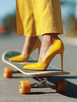 Close-up of a womans legs in bright yellow shoes on