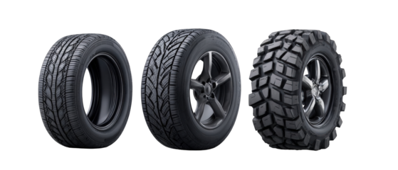 Three distinct types of tires displayed on a clean background, showcasing their unique tread patterns