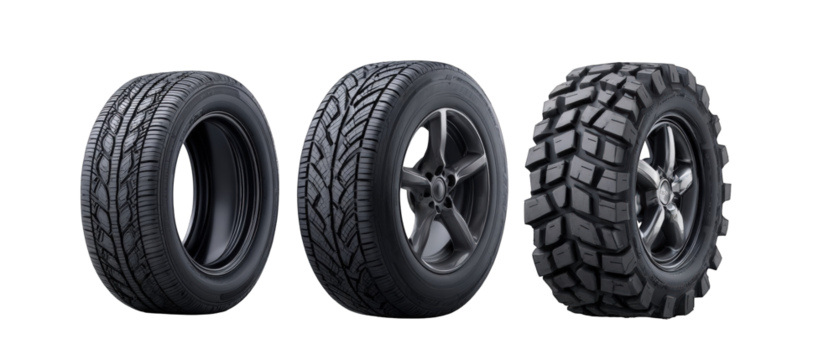 Three distinct types of tires displayed on a clean background, showcasing their unique tread patterns