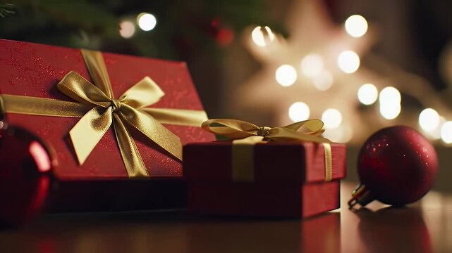 Festive Christmas Presents with Red Wrapping and Gold Bows with Shiny Ornaments and Warm Bokeh Lights