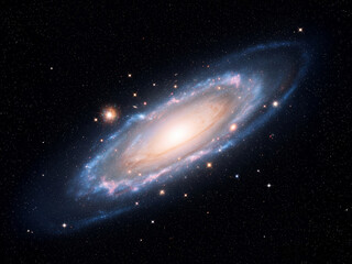 Naklejka premium A bright spiral galaxy with a luminous yellow core and blue arms, set against a dark, star-filled space background. 3D illustration of the cosmos.