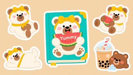 Cute bear illustrations enjoying food and drinks with playful expressions