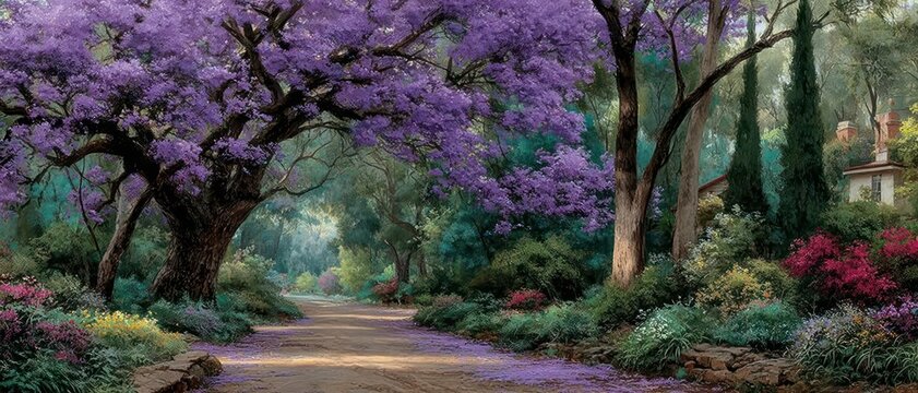 A vibrant scene of blooming jacaranda trees, their purple petals falling gently onto a sunlit path