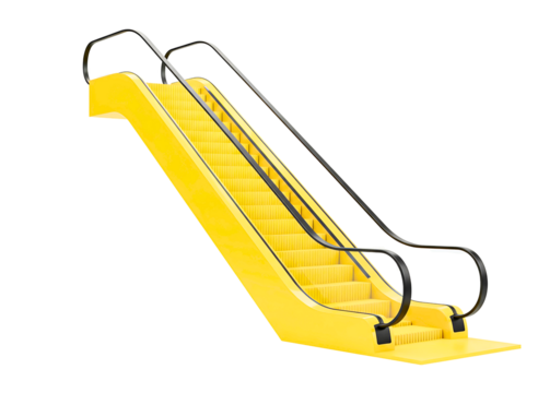 Bright yellow escalator moving up isolated on transparent background