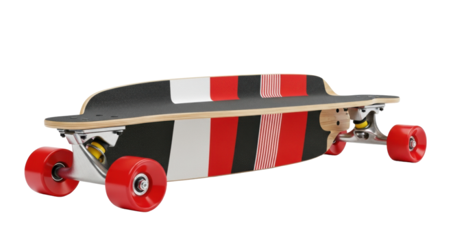 A longboard skateboard with a light wood deck, bright red wheels, silver trucks, and abstract red, white, and black graphic on the underside, isolated in a high-key studio on a transparent