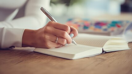 A person's hand writing in a notebook.