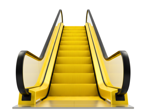 Bright yellow escalator moving up isolated on transparent background