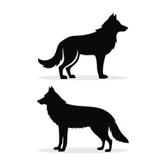 Two Dark Silhouettes of Standing Wolves with Detailed Features Showcased in Black and White