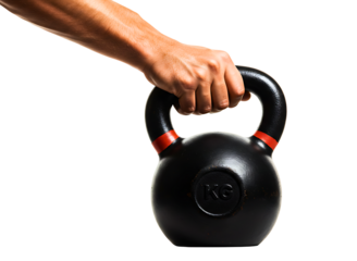 Man s hand holding a black kettlebell isolated on transparent background