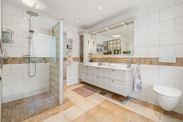 Modern bathroom interior in minimal scandinavian style, 3d render
