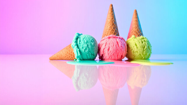 Playful image of three ice cream cones with colorful scoops (turquoise, pink, lime) melting onto a reflective surface against a vibrant pink and blue gradient backdrop.