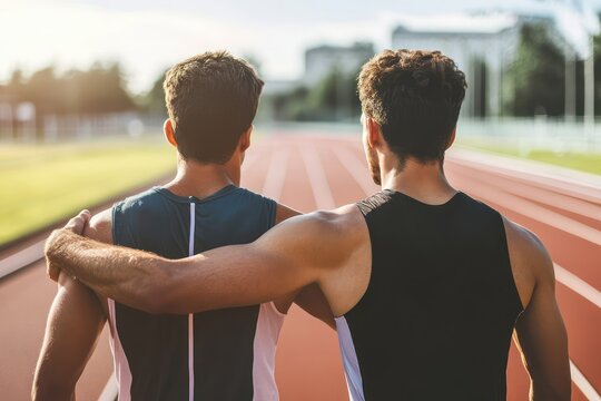 Supportive Athletes Showing Sportsmanship on Running Track