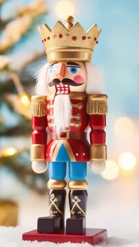 Red and gold nutcracker figure with crown in winter holiday setting. Christmas concept.