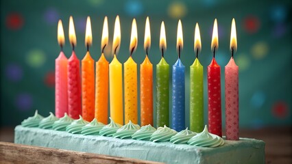  A festive arrangement of colorful birthday candles with glowing flames, creating a cheerful atmosphere.