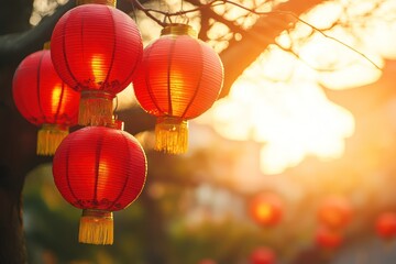 Obraz premium Chinese New Year Scene with Red Lanterns and Sunlight