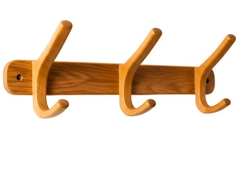 Wooden coat rack with three hooks isolated on transparent background