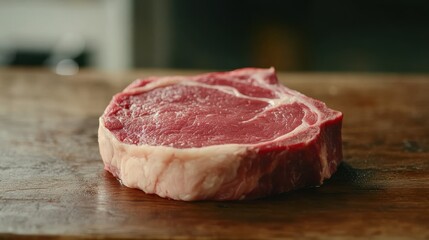 Fresh Uncooked Ribeye Steak on Wooden Cutting Board, Raw Meat for Grilling or Cooking Prepared Dish