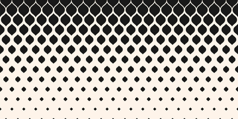 Abstract geometric pattern with halftone effect, fading shapes, leaves, mesh, grid. Horizontally seamless background. Trending vector black and white half-tone texture. Repeated design for print