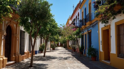 Fototapeta premium Charming Quiet Street with Row of Colorful Houses and Lush Trees
