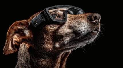 Dog Wearing Protective Goggles in Studio with Black Background
