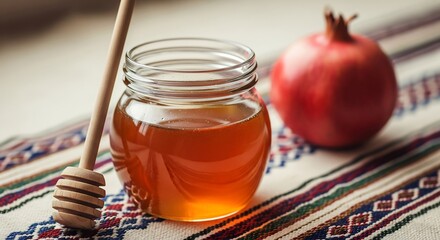 Jar of honey pomegranate and honey dipper on a colorful fabric background