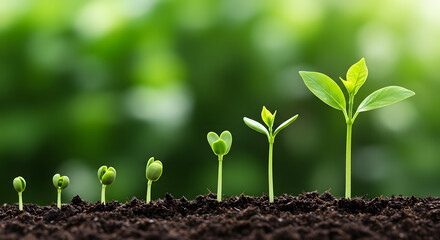 Fototapeta premium a series of small green plant sprouts emerging from dark brown soil