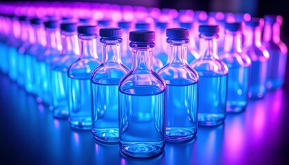 Futuristic pharmaceutical production line with glass bottles filled with clear liquid, illuminated by vibrant blue and purple neon lights.