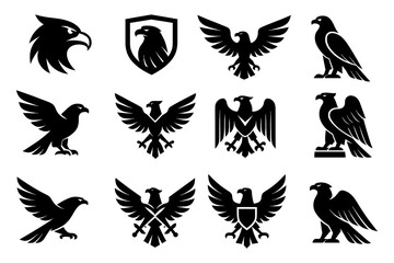 Black hawk and eagle silhouettes with perched and flying poses, Transparent Background