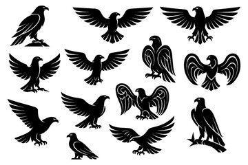 Black hawk and eagle silhouettes with perched and flying poses, Transparent Background