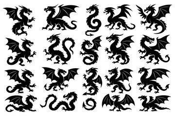 Black dragon silhouettes with wings, serpentine forms, and curled emblems, Transparent Background