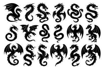 Black dragon silhouettes with wings, serpentine forms, and curled emblems, Transparent Background
