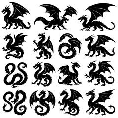 Black dragon silhouettes with wings, serpentine forms, and curled emblems, Transparent Background