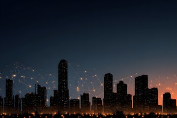 Fototapeta premium A silhouette of the city skyline at dusk, with glowing lights and network connections