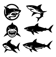 Black shark silhouettes in swimming, hunting, and head emblem designs, Transparent Background