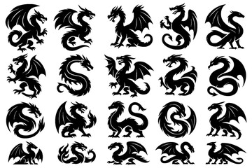 Black dragon silhouettes with wings, serpentine forms, and curled emblems, Transparent Background