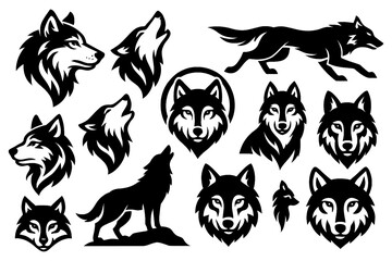 Black wolf silhouettes in walking, howling, and head emblem designs, Transparent Background