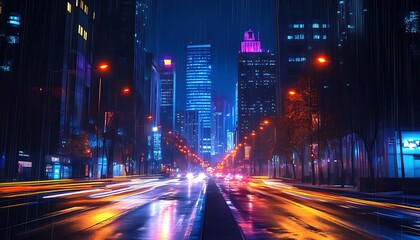 Obraz premium Dynamic Night Cityscape with Modern Skyscrapers and Light Trails on Wet Urban Street