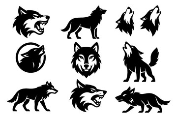 Black wolf silhouettes in walking, howling, and head emblem designs, Transparent Background