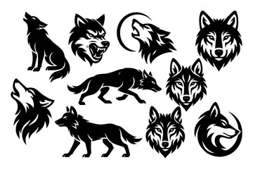 Black wolf silhouettes in walking, howling, and head emblem designs, Transparent Background