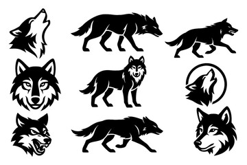 Fototapeta premium Black wolf silhouettes in walking, howling, and head emblem designs, Transparent Background