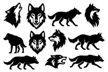 Black wolf silhouettes in walking, howling, and head emblem designs, Transparent Background