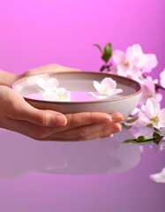 Gentle hands holding a bowl of aromatic water with floating white flowers. Spa, wellness, and self-care concept on a purple background.