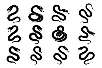 Black snake silhouettes in coiled and striking poses, Transparent Background