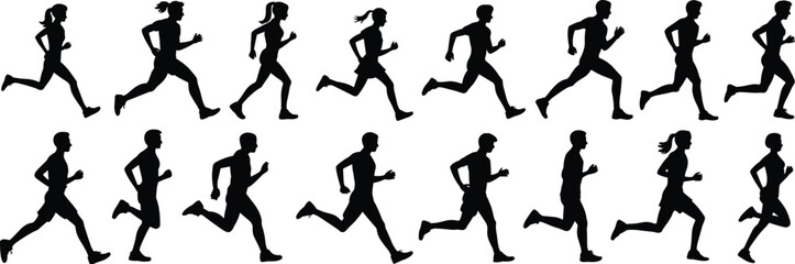 Running silhouettes male and female, jogging exercise, fitness motion, athletic runners, sprinting figures, workout posture, active lifestyle vector, black clipart design