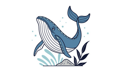 Fototapeta premium Whimsical blue whale illustration with underwater plants and bubbles