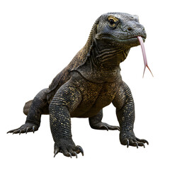 Fototapeta premium A detailed close-up studio shot of a Komodo dragon lizard with its forked tongue extended.